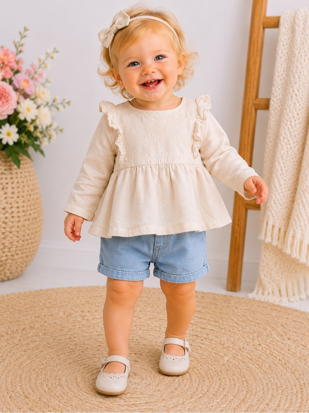 Zara Baby Cream Ruffle Long Sleeve Dress Neutral Boho | Size 9-12M
